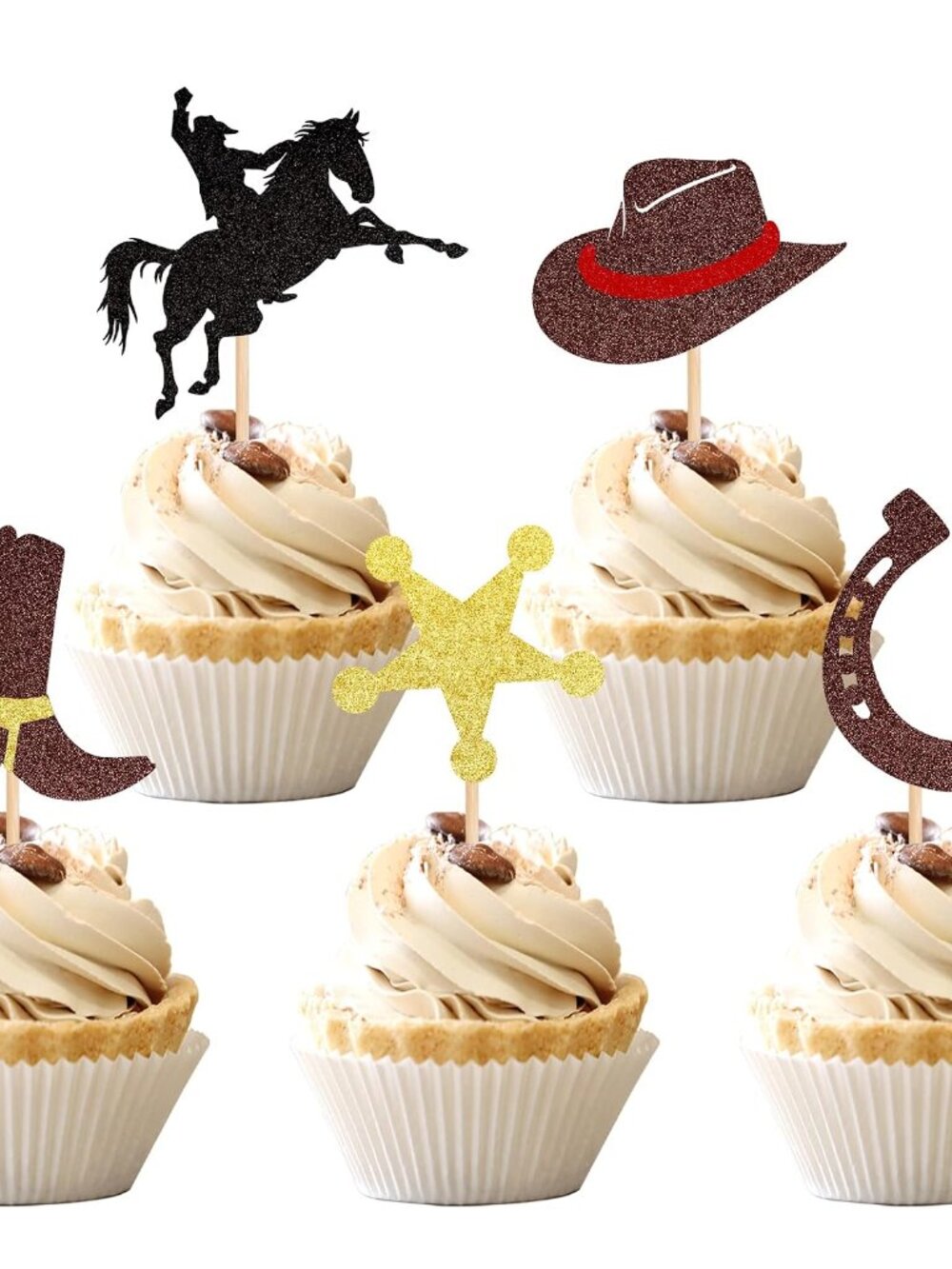 30 PCS Cowboy Cupcake Toppers Glitter HorseShoe Cowboy Hats Boots Cupcake Picks